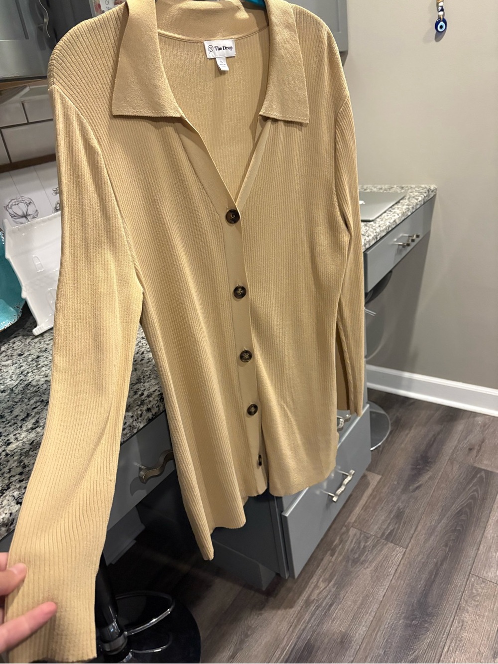 The Drop Ribbed Button-Up Cardigan in Camel - Picture 2 of 7